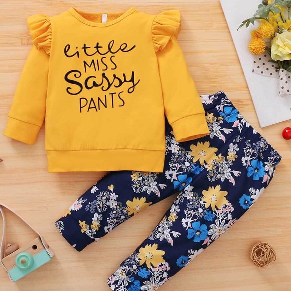 BABY GIRL LETTER GRAPHIC RUFFLED TOP AND FLORAL JOGGERS SET - Picture 1 of 6